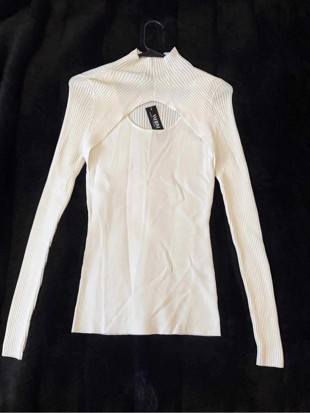 White Ribbed Mock Turtleneck Top with Chest Cutout Detail - Size Medium